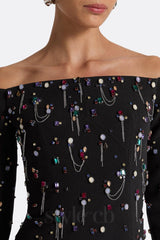 Pamaria Diamante Embroidery Off Shoulder Maxi Dress