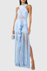 Fringe Mesh Ruched Maxi Dress
