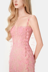 PINK BEADED LACE PENCIL MIDI DRESS