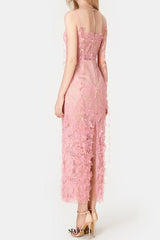 PINK BEADED LACE PENCIL MIDI DRESS