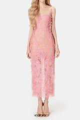 PINK BEADED LACE PENCIL MIDI DRESS