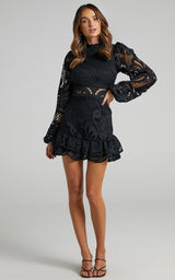 Long Puff Sleeve Lace Mini Dress