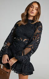 Long Puff Sleeve Lace Mini Dress