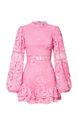 Long Puff Sleeve Lace Mini Dress