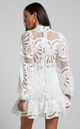 Long Puff Sleeve Lace Mini Dress