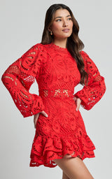 Long Puff Sleeve Lace Mini Dress