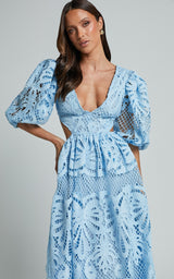 V Neck Cut Out Lace Midi Dress
