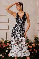 sarah V Neck Floral Embroidered Midi Dress in black