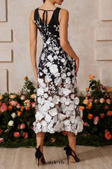 sarah V Neck Floral Embroidered Midi Dress in black