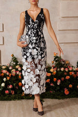 sarah V Neck Floral Embroidered Midi Dress in black