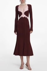 apphia Brown Contrast Lace Knit Midi Dress