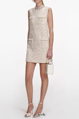lillian Cream Embellished Boucle Mini Dress