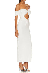 pleated off-shoulder cutout midi dress in white