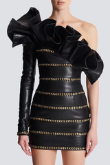 Rantan One Shoulder Asymmetric Leather Ruffle Mini Dress