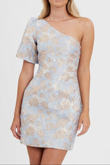 one-shoulder jacquard mini dress in blue-multi