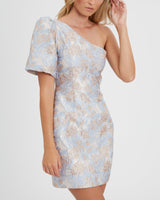 one-shoulder jacquard mini dress in blue-multi