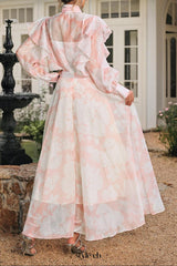 amanda High Neck Floral Organza Blouse maxi skirt set in pink