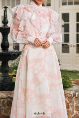amanda High Neck Floral Organza Blouse maxi skirt set in pink