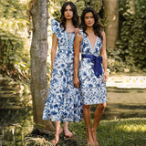 V-Neck Lace Patterned Printed One-Piece Swimsuit and Skirt