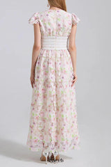FLYING SLEEVES HIGH WAIST SLIM FIT FLORAL LACE DRESS