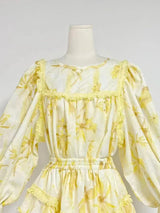 MABEL LAYER TRIM PRINT LANTERN SLEEVE MINI DRESS IN YELLOW