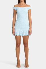 Textured ruffled off-shoulder mini dress in pale blue