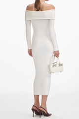 penny Off Shoulder Knit Midi Dress in Cream
