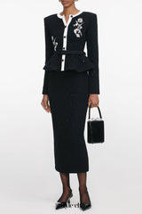 vicky Black Floral Textured Knit Midi Dress