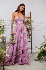 yvonne rhinestone embellished print layer maxi Dress in Lilac