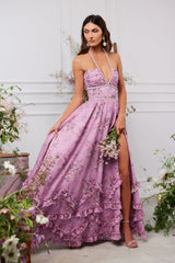 yvonne rhinestone embellished print layer maxi Dress in Lilac