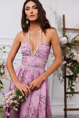 yvonne rhinestone embellished print layer maxi Dress in Lilac