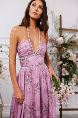 yvonne rhinestone embellished print layer maxi Dress in Lilac
