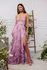 yvonne rhinestone embellished print layer maxi Dress in Lilac