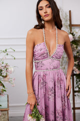 yvonne rhinestone embellished print layer maxi Dress in Lilac