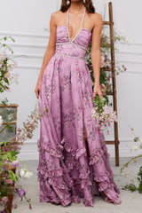 yvonne rhinestone embellished print layer maxi Dress in Lilac