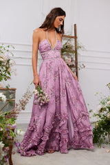 yvonne rhinestone embellished print layer maxi Dress in Lilac