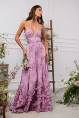yvonne rhinestone embellished print layer maxi Dress in Lilac