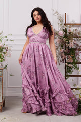 yvonne rhinestone embellished print layer maxi Dress in Lilac