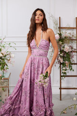 yvonne rhinestone embellished print layer maxi Dress in Lilac