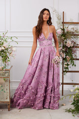 yvonne rhinestone embellished print layer maxi Dress in Lilac