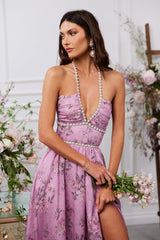 yvonne rhinestone embellished print layer maxi Dress in Lilac