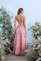 yvonne rhinestone embellished print layer maxi Dress in Light Pink