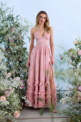 yvonne rhinestone embellished print layer maxi Dress in Light Pink