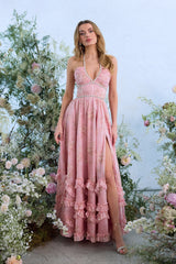 yvonne rhinestone embellished print layer maxi Dress in Light Pink