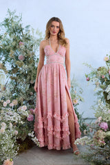 yvonne rhinestone embellished print layer maxi Dress in Light Pink
