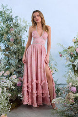 yvonne rhinestone embellished print layer maxi Dress in Light Pink