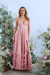 yvonne rhinestone embellished print layer maxi Dress in Light Pink