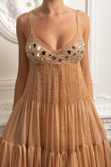 helen rhinestone beading pleated maxi dress -  beige