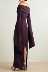 draped off-the-shoulder crepe maxi dress in burgundy