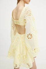 tiffany v-neck puff sleeve hollow mini dress in yellow